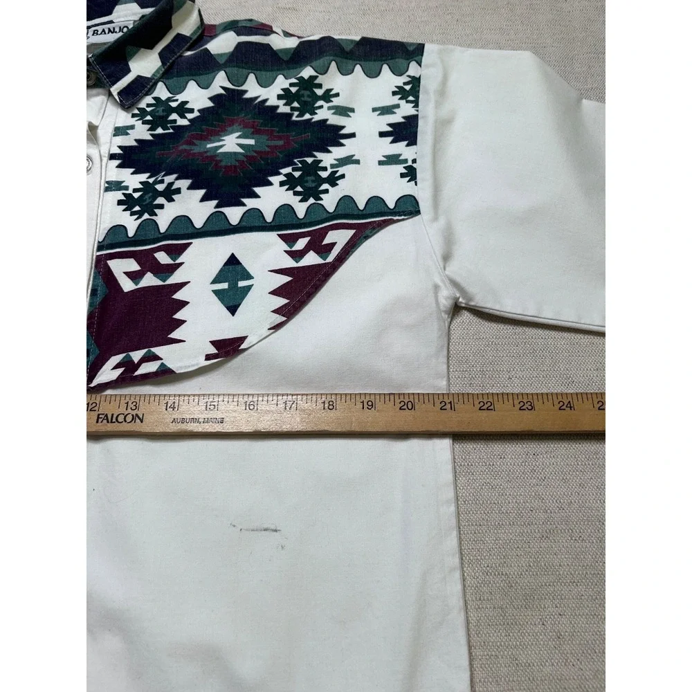 Vintage Banjo Southwestern Western Shirt Men's M White Aztec Snap Front USA Made